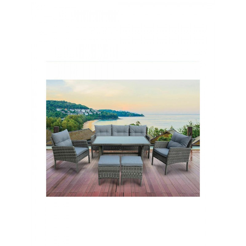 CALIFORNIA Σαλόνι - Τραπεζαρία Τραπέζι+3Θέσιος+2 Πολυθρόνες+ 2 Σκαμπό Μέταλλο - Wicker Γκρι Κωδικός: [Ε-00021803] Ε6755,2